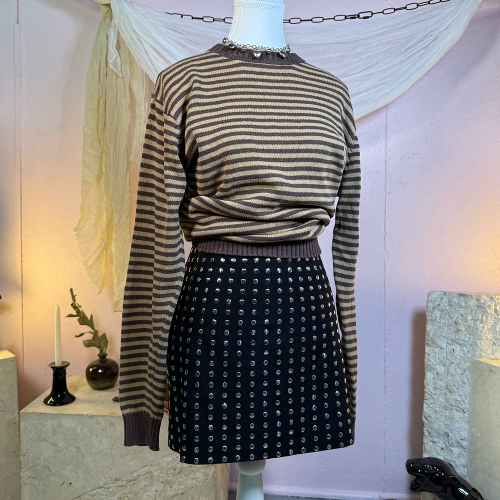 Vintage 100% Cotton Brown Cream Striped Sweater M Soft Grunge